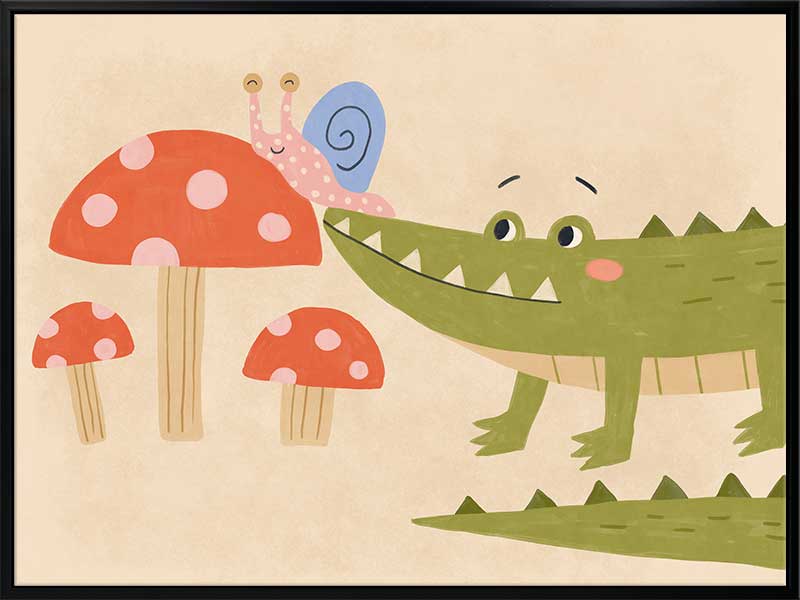 Playful scene of a friendly green crocodile meeting a tiny snail among spotted mushrooms, from the Little Tails Collection by Urban Road.