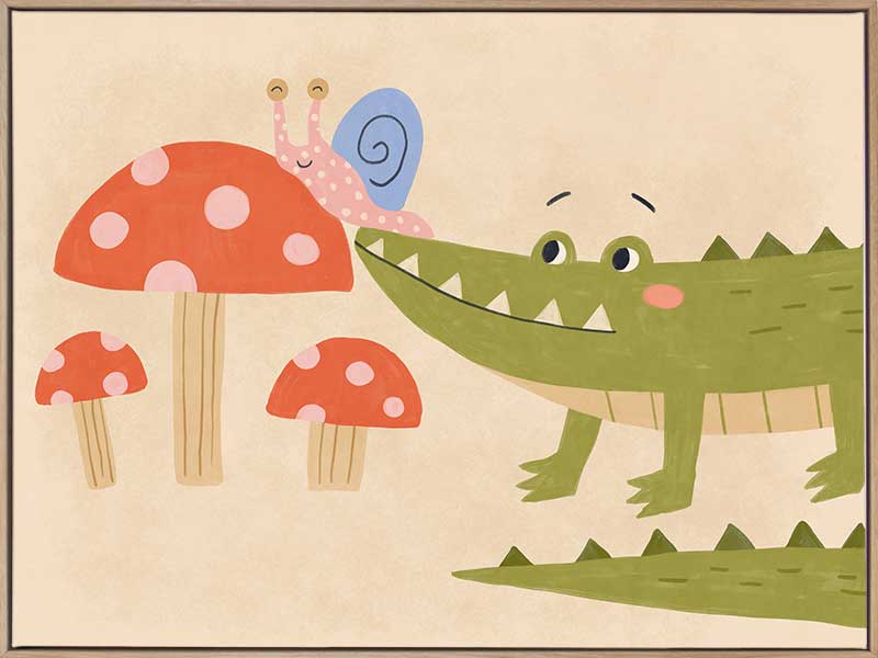 Playful scene of a friendly green crocodile meeting a tiny snail among spotted mushrooms, from the Little Tails Collection by Urban Road.