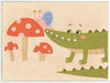 Playful scene of a friendly green crocodile meeting a tiny snail among spotted mushrooms, from the Little Tails Collection by Urban Road.