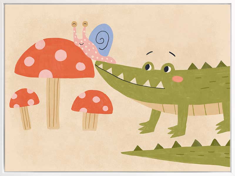 Playful scene of a friendly green crocodile meeting a tiny snail among spotted mushrooms, from the Little Tails Collection by Urban Road.