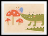 Playful scene of a friendly green crocodile meeting a tiny snail among spotted mushrooms, from the Little Tails Collection by Urban Road.