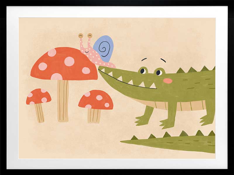 Playful scene of a friendly green crocodile meeting a tiny snail among spotted mushrooms, from the Little Tails Collection by Urban Road.