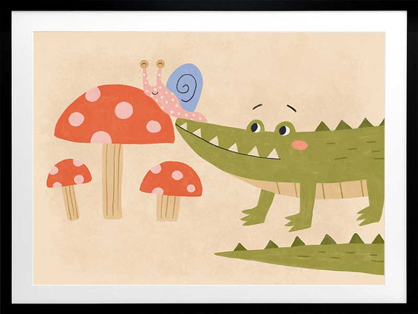 Playful scene of a friendly green crocodile meeting a tiny snail among spotted mushrooms, from the Little Tails Collection by Urban Road.
