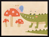 Playful scene of a friendly green crocodile meeting a tiny snail among spotted mushrooms, from the Little Tails Collection by Urban Road.