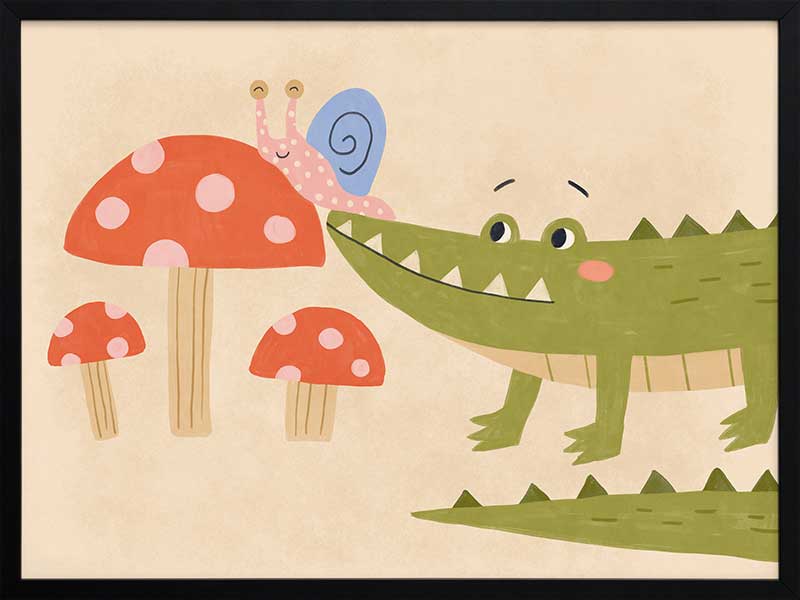 Playful scene of a friendly green crocodile meeting a tiny snail among spotted mushrooms, from the Little Tails Collection by Urban Road.