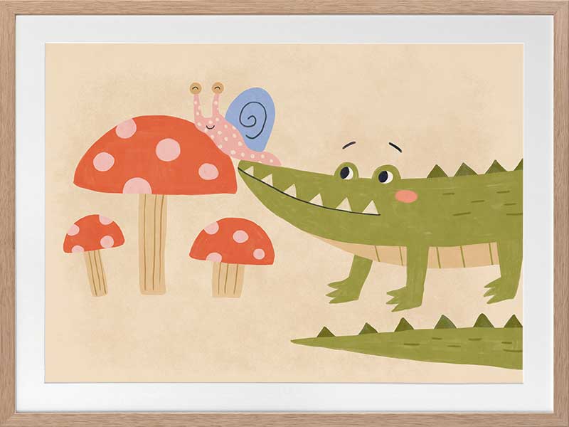 Playful scene of a friendly green crocodile meeting a tiny snail among spotted mushrooms, from the Little Tails Collection by Urban Road.