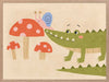 Playful scene of a friendly green crocodile meeting a tiny snail among spotted mushrooms, from the Little Tails Collection by Urban Road.