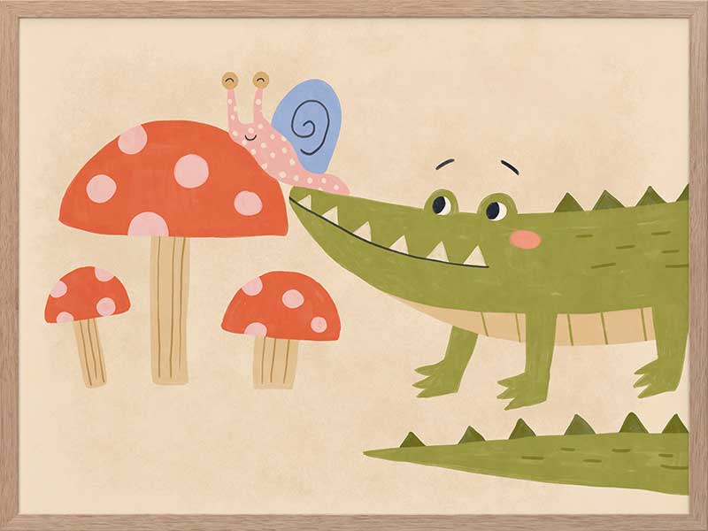 Playful scene of a friendly green crocodile meeting a tiny snail among spotted mushrooms, from the Little Tails Collection by Urban Road.