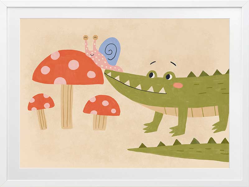 Playful scene of a friendly green crocodile meeting a tiny snail among spotted mushrooms, from the Little Tails Collection by Urban Road.