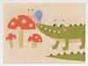 Playful scene of a friendly green crocodile meeting a tiny snail among spotted mushrooms, from the Little Tails Collection by Urban Road.