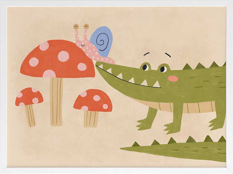 Playful scene of a friendly green crocodile meeting a tiny snail among spotted mushrooms, from the Little Tails Collection by Urban Road.
