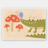 Playful scene of a friendly green crocodile meeting a tiny snail among spotted mushrooms, from the Little Tails Collection by Urban Road.