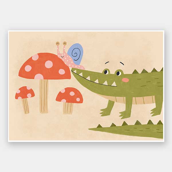 Playful scene of a friendly green crocodile meeting a tiny snail among spotted mushrooms, from the Little Tails Collection by Urban Road.
