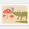 Playful scene of a friendly green crocodile meeting a tiny snail among spotted mushrooms, from the Little Tails Collection by Urban Road.