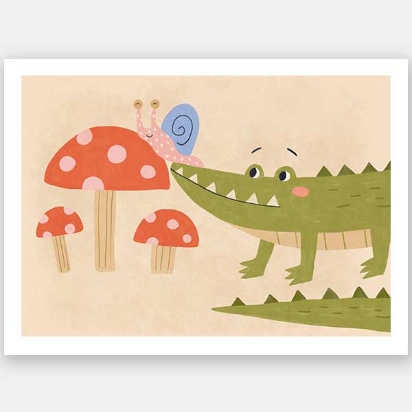 Playful scene of a friendly green crocodile meeting a tiny snail among spotted mushrooms, from the Little Tails Collection by Urban Road.