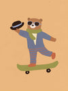 Dapper bear in a suit tips his hat while skateboarding across an orange backdrop, from the Little Tails Collection by Urban Road.