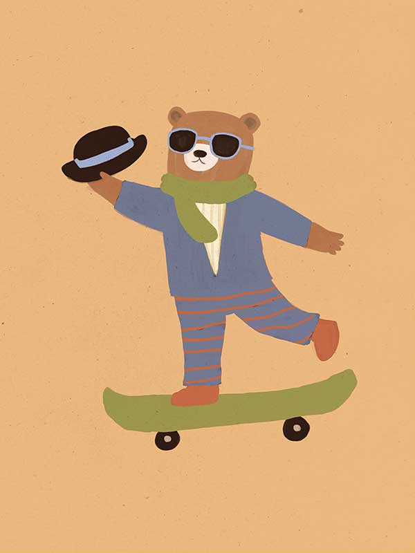 Dapper bear in a suit tips his hat while skateboarding across an orange backdrop, from the Little Tails Collection by Urban Road.