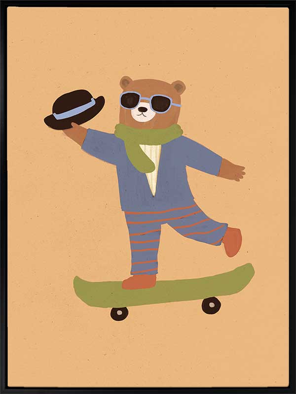 Dapper bear in a suit tips his hat while skateboarding across an orange backdrop, from the Little Tails Collection by Urban Road.