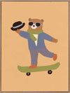 Dapper bear in a suit tips his hat while skateboarding across an orange backdrop, from the Little Tails Collection by Urban Road.