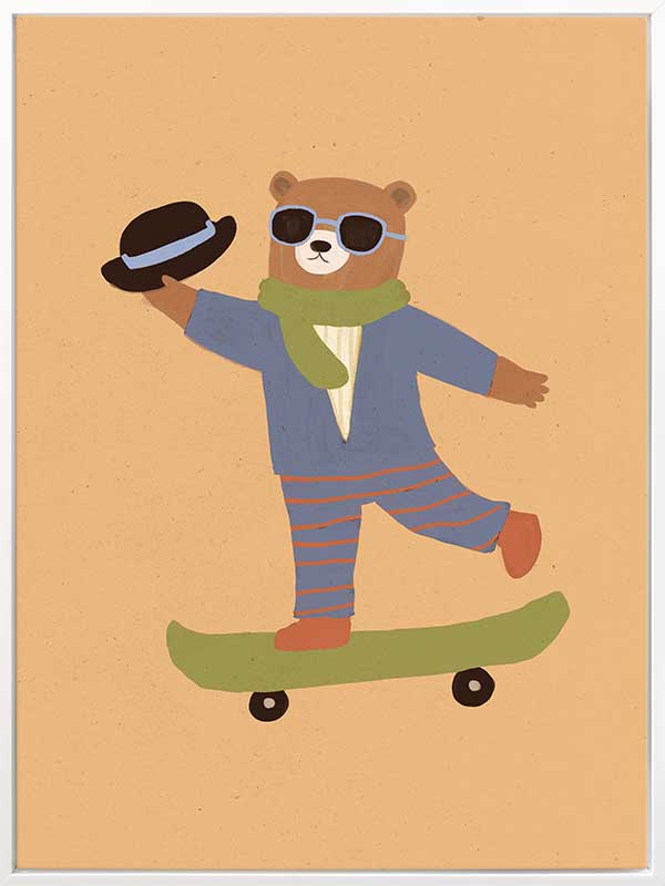 Dapper bear in a suit tips his hat while skateboarding across an orange backdrop, from the Little Tails Collection by Urban Road.