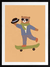 Dapper bear in a suit tips his hat while skateboarding across an orange backdrop, from the Little Tails Collection by Urban Road.