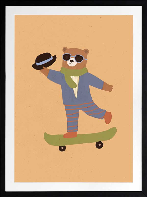 Dapper bear in a suit tips his hat while skateboarding across an orange backdrop, from the Little Tails Collection by Urban Road.