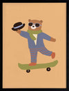 Dapper bear in a suit tips his hat while skateboarding across an orange backdrop, from the Little Tails Collection by Urban Road.