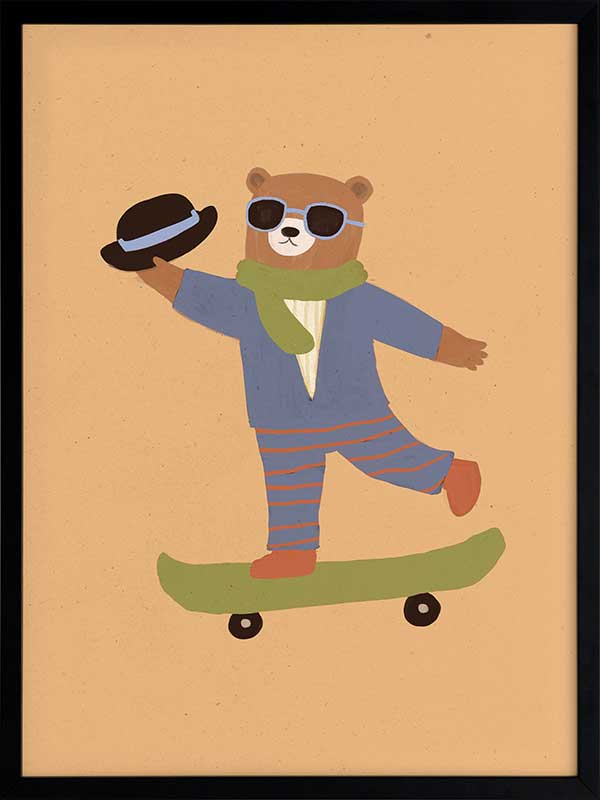 Dapper bear in a suit tips his hat while skateboarding across an orange backdrop, from the Little Tails Collection by Urban Road.