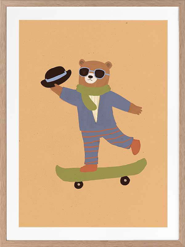 Dapper bear in a suit tips his hat while skateboarding across an orange backdrop, from the Little Tails Collection by Urban Road.
