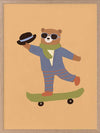 Dapper bear in a suit tips his hat while skateboarding across an orange backdrop, from the Little Tails Collection by Urban Road.
