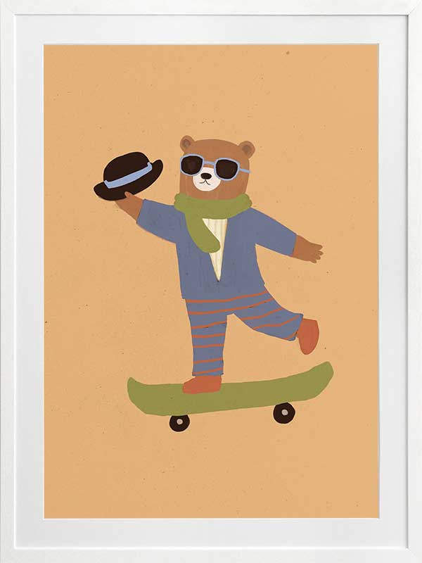 Dapper bear in a suit tips his hat while skateboarding across an orange backdrop, from the Little Tails Collection by Urban Road.