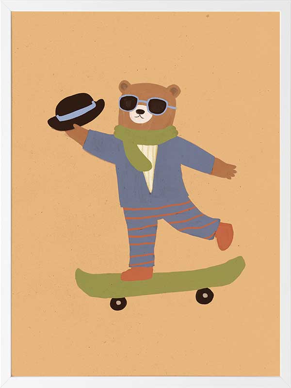 Dapper bear in a suit tips his hat while skateboarding across an orange backdrop, from the Little Tails Collection by Urban Road.