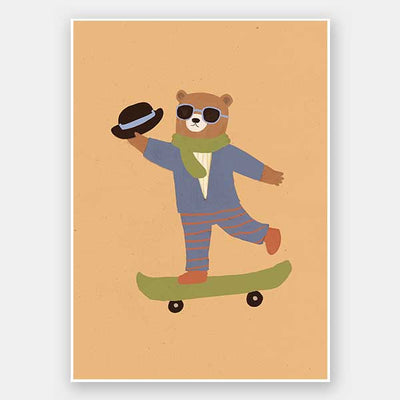 Dapper bear in a suit tips his hat while skateboarding across an orange backdrop, from the Little Tails Collection by Urban Road.