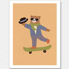 Dapper bear in a suit tips his hat while skateboarding across an orange backdrop, from the Little Tails Collection by Urban Road.