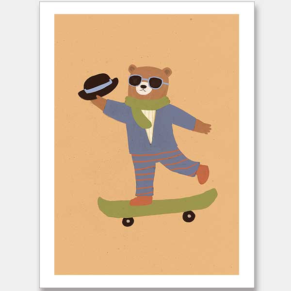 Dapper bear in a suit tips his hat while skateboarding across an orange backdrop, from the Little Tails Collection by Urban Road.