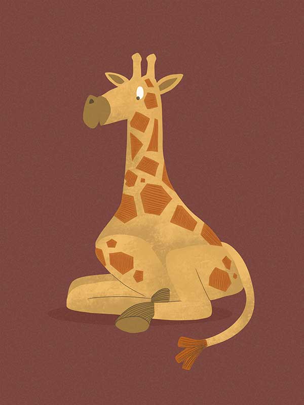 Charming portrait of a seated yellow giraffe with spots against a warm maroon background, from the Little Tails Collection by Urban Road.