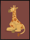 Charming portrait of a seated yellow giraffe with spots against a warm maroon background, from the Little Tails Collection by Urban Road.