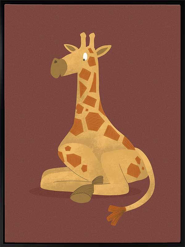 Charming portrait of a seated yellow giraffe with spots against a warm maroon background, from the Little Tails Collection by Urban Road.