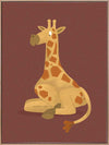 Charming portrait of a seated yellow giraffe with spots against a warm maroon background, from the Little Tails Collection by Urban Road.
