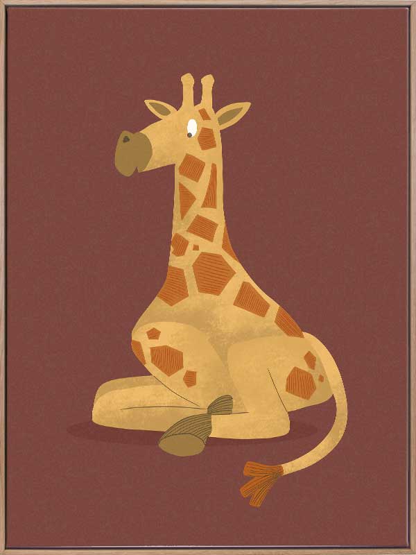 Charming portrait of a seated yellow giraffe with spots against a warm maroon background, from the Little Tails Collection by Urban Road.