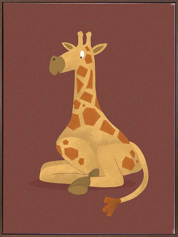 Charming portrait of a seated yellow giraffe with spots against a warm maroon background, from the Little Tails Collection by Urban Road.