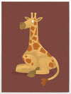 Charming portrait of a seated yellow giraffe with spots against a warm maroon background, from the Little Tails Collection by Urban Road.