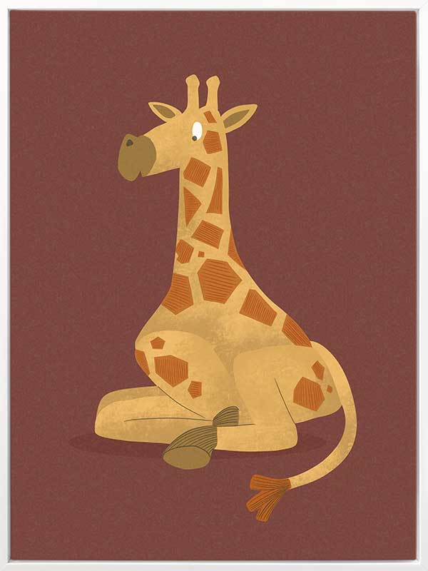 Charming portrait of a seated yellow giraffe with spots against a warm maroon background, from the Little Tails Collection by Urban Road.