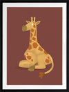 Charming portrait of a seated yellow giraffe with spots against a warm maroon background, from the Little Tails Collection by Urban Road.