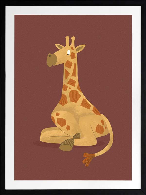 Charming portrait of a seated yellow giraffe with spots against a warm maroon background, from the Little Tails Collection by Urban Road.