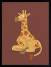 Charming portrait of a seated yellow giraffe with spots against a warm maroon background, from the Little Tails Collection by Urban Road.