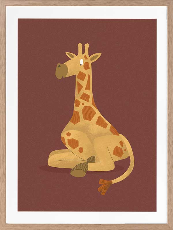 Charming portrait of a seated yellow giraffe with spots against a warm maroon background, from the Little Tails Collection by Urban Road.