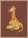 Charming portrait of a seated yellow giraffe with spots against a warm maroon background, from the Little Tails Collection by Urban Road.