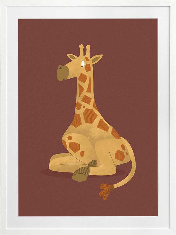 Charming portrait of a seated yellow giraffe with spots against a warm maroon background, from the Little Tails Collection by Urban Road.