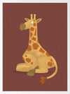 Charming portrait of a seated yellow giraffe with spots against a warm maroon background, from the Little Tails Collection by Urban Road.